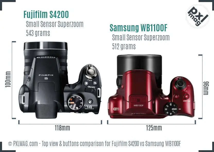 Fujifilm S4200 vs Samsung WB1100F top view buttons comparison Fujifilm S4200 vs Samsung WB1100F top view buttons comparison
