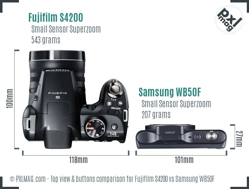 Fujifilm S4200 vs Samsung WB50F top view buttons comparison Fujifilm S4200 vs Samsung WB50F top view buttons comparison