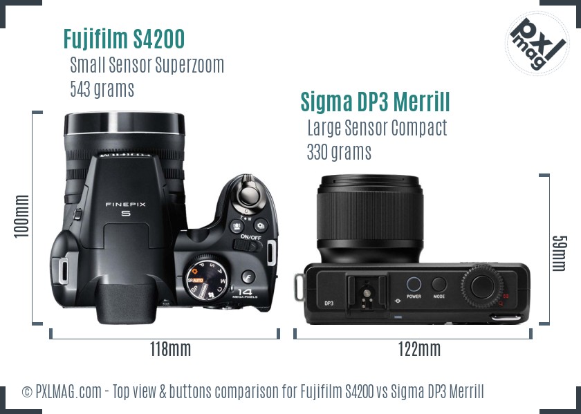 Fujifilm S4200 vs Sigma DP3 Merrill top view buttons comparison