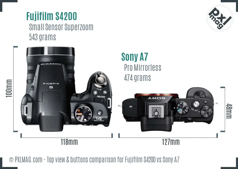 Fujifilm S4200 vs Sony A7 top view buttons comparison