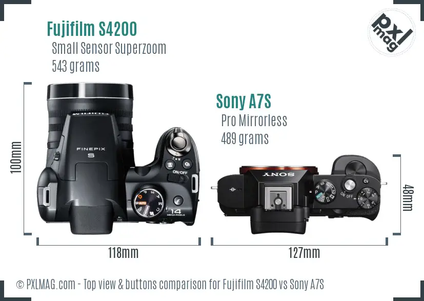 Fujifilm S4200 vs Sony A7S top view buttons comparison