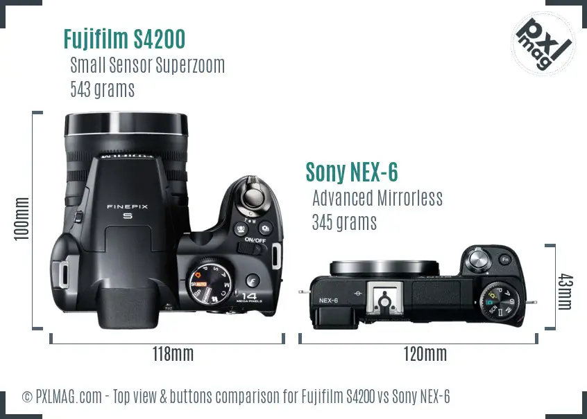 Fujifilm S4200 vs Sony NEX-6 top view buttons comparison