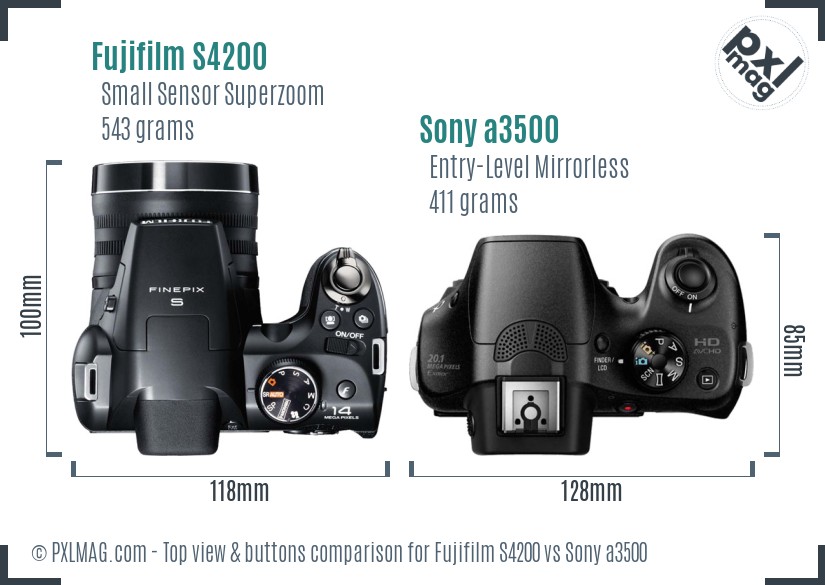 Fujifilm S4200 vs Sony a3500 top view buttons comparison