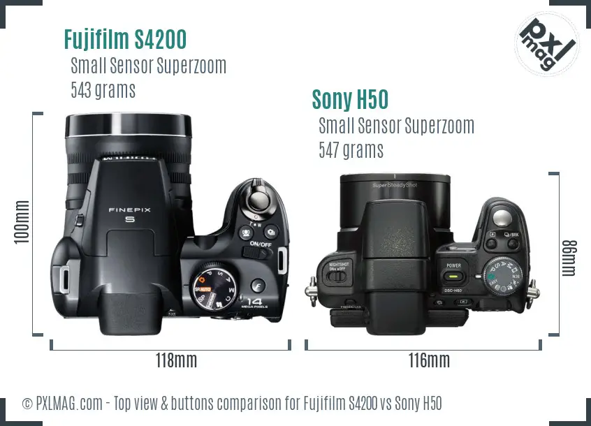 Fujifilm S4200 vs Sony H50 top view buttons comparison Fujifilm S4200 vs Sony H50 top view buttons comparison
