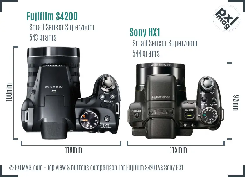 Fujifilm S4200 vs Sony HX1 top view buttons comparison