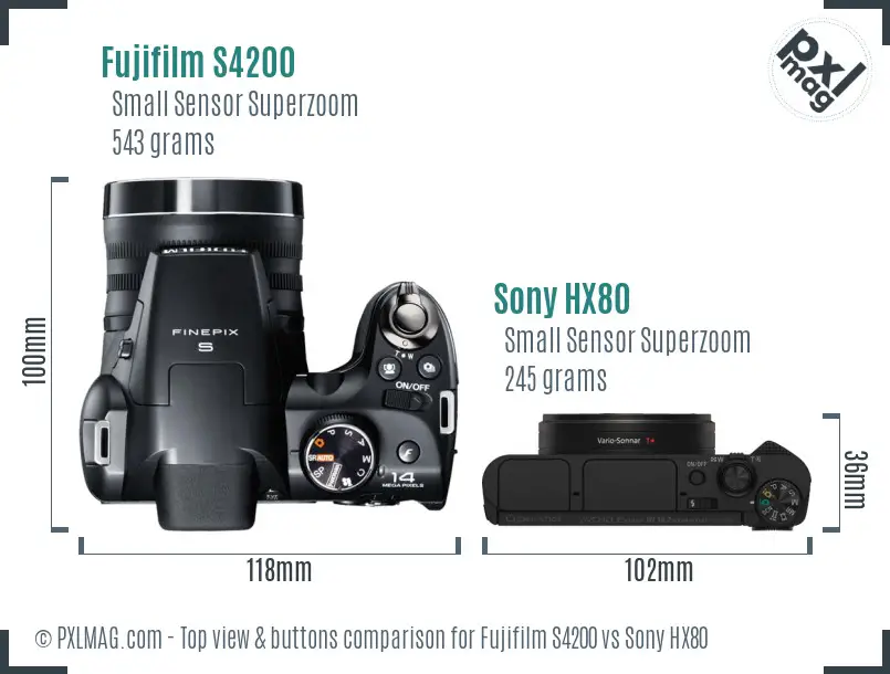 Fujifilm S4200 vs Sony HX80 top view buttons comparison