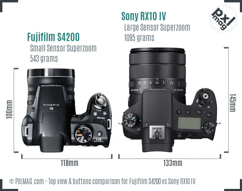 Fujifilm S4200 vs Sony RX10 IV top view buttons comparison