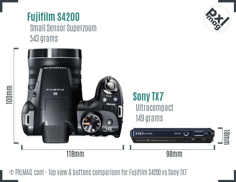 Fujifilm S4200 vs Sony TX7 top view buttons comparison