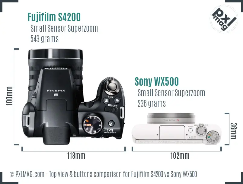 Fujifilm S4200 vs Sony WX500 top view buttons comparison