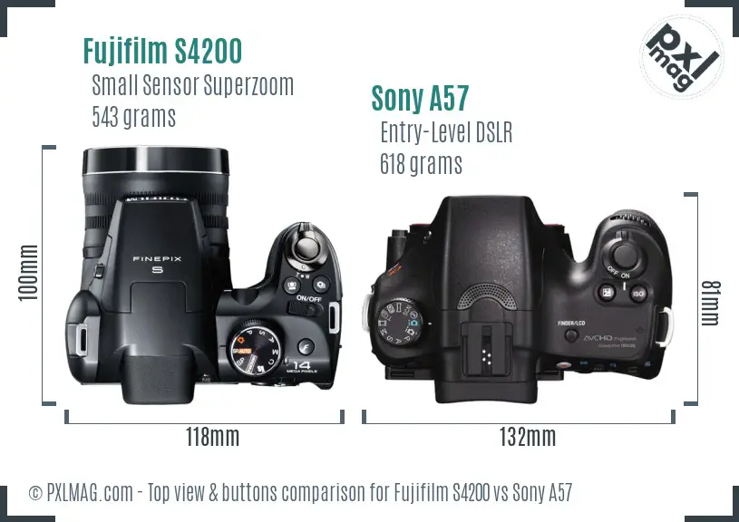 Fujifilm S4200 vs Sony A57 top view buttons comparison Fujifilm S4200 vs Sony A57 top view buttons comparison