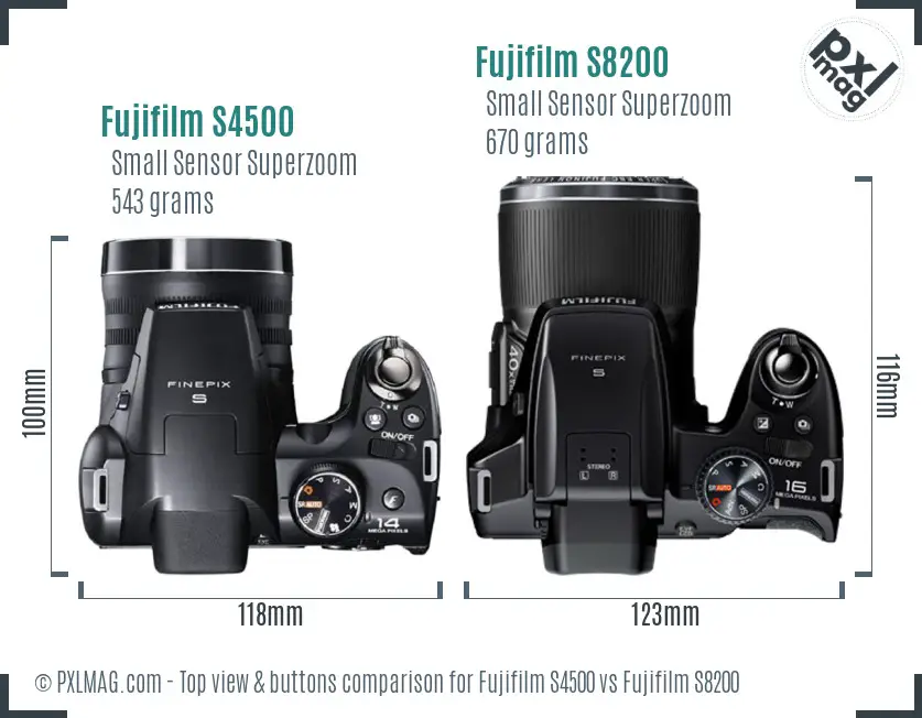 Fujifilm S4500 vs Fujifilm S8200 top view buttons comparison