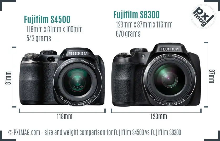 Fujifilm S4500 vs Fujifilm S8300 size comparison