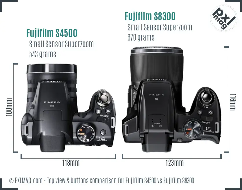 Fujifilm S4500 vs Fujifilm S8300 top view buttons comparison