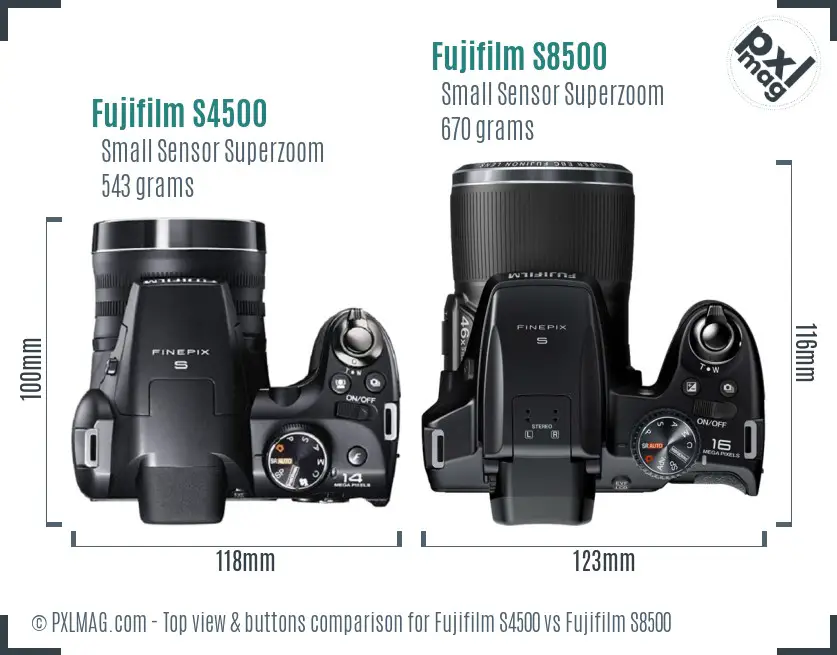 Fujifilm S4500 vs Fujifilm S8500 top view buttons comparison