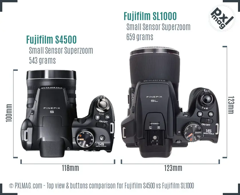 Fujifilm S4500 vs Fujifilm SL1000 top view buttons comparison