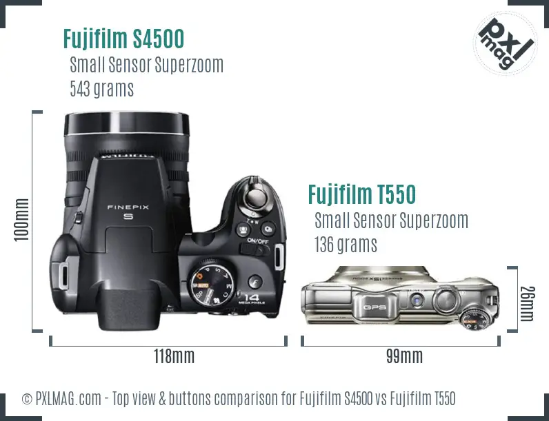 Fujifilm S4500 vs Fujifilm T550 top view buttons comparison