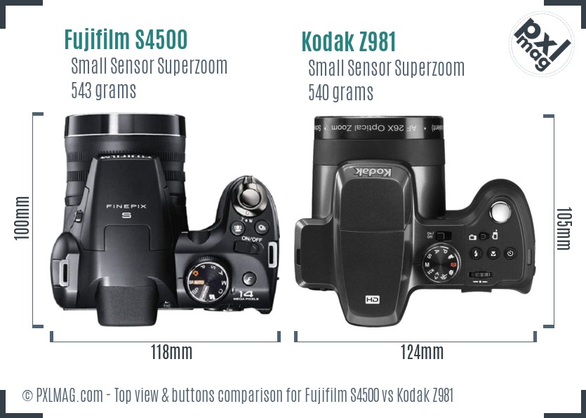 Fujifilm S4500 vs Kodak Z981 top view buttons comparison
