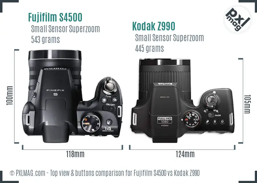 Fujifilm S4500 vs Kodak Z990 top view buttons comparison