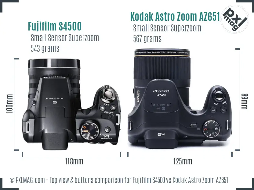 Fujifilm S4500 vs Kodak Astro Zoom AZ651 top view buttons comparison