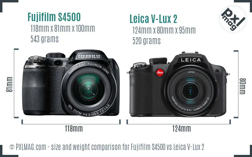 Fujifilm S4500 vs Leica V-Lux 2 size comparison