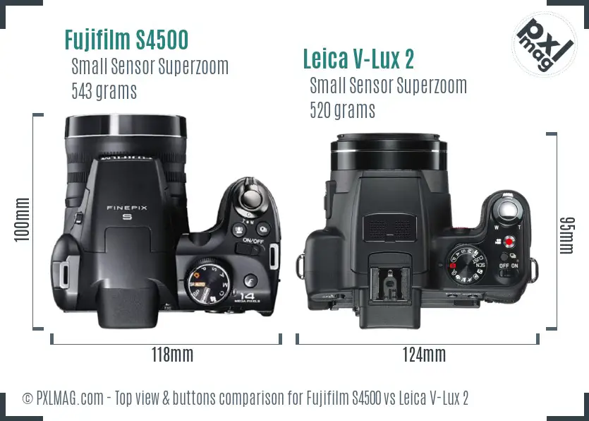 Fujifilm S4500 vs Leica V-Lux 2 top view buttons comparison