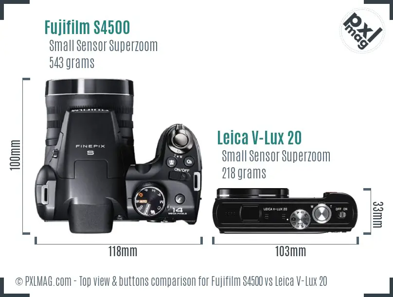 Fujifilm S4500 vs Leica V-Lux 20 top view buttons comparison Fujifilm S4500 vs Leica V-Lux 20 top view buttons comparison