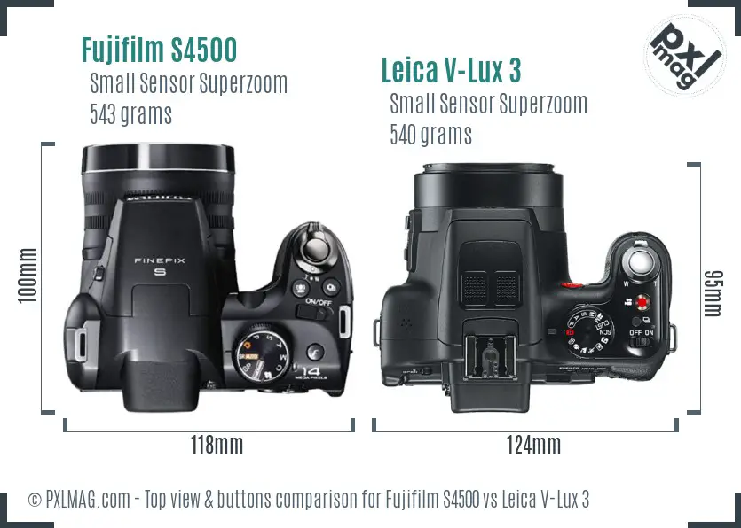 Fujifilm S4500 vs Leica V-Lux 3 top view buttons comparison