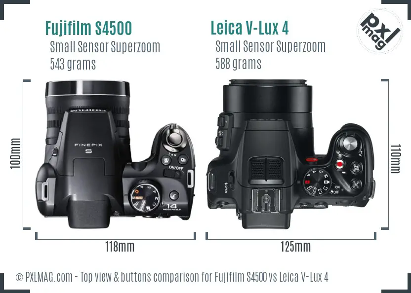 Fujifilm S4500 vs Leica V-Lux 4 top view buttons comparison