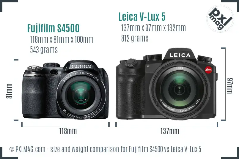 Fujifilm S4500 vs Leica V-Lux 5 size comparison Fujifilm S4500 vs Leica V-Lux 5 size comparison