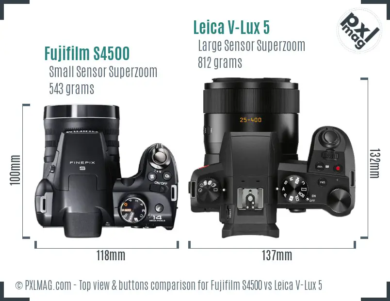 Fujifilm S4500 vs Leica V-Lux 5 top view buttons comparison Fujifilm S4500 vs Leica V-Lux 5 top view buttons comparison