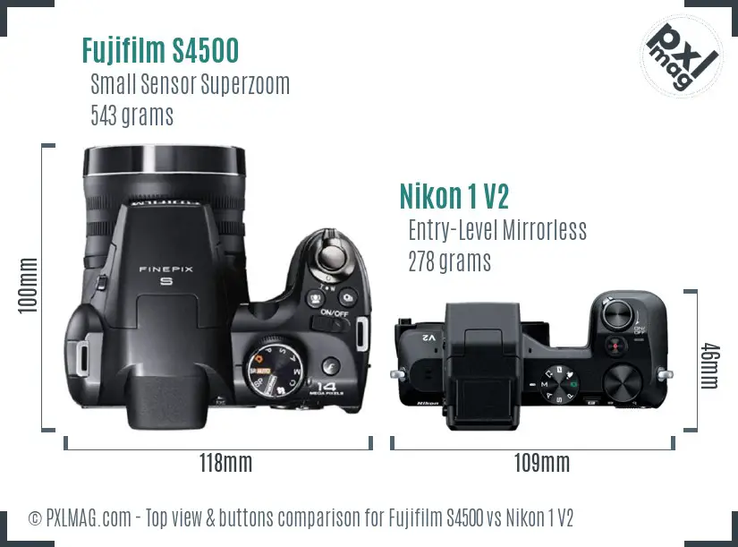 Fujifilm S4500 vs Nikon 1 V2 top view buttons comparison