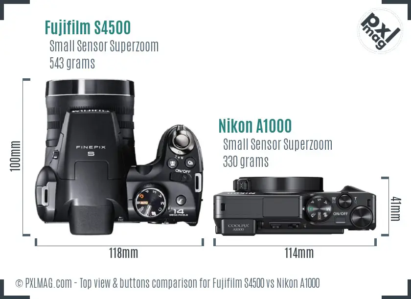 Fujifilm S4500 vs Nikon A1000 top view buttons comparison Fujifilm S4500 vs Nikon A1000 top view buttons comparison