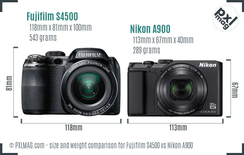 Fujifilm S4500 vs Nikon A900 size comparison