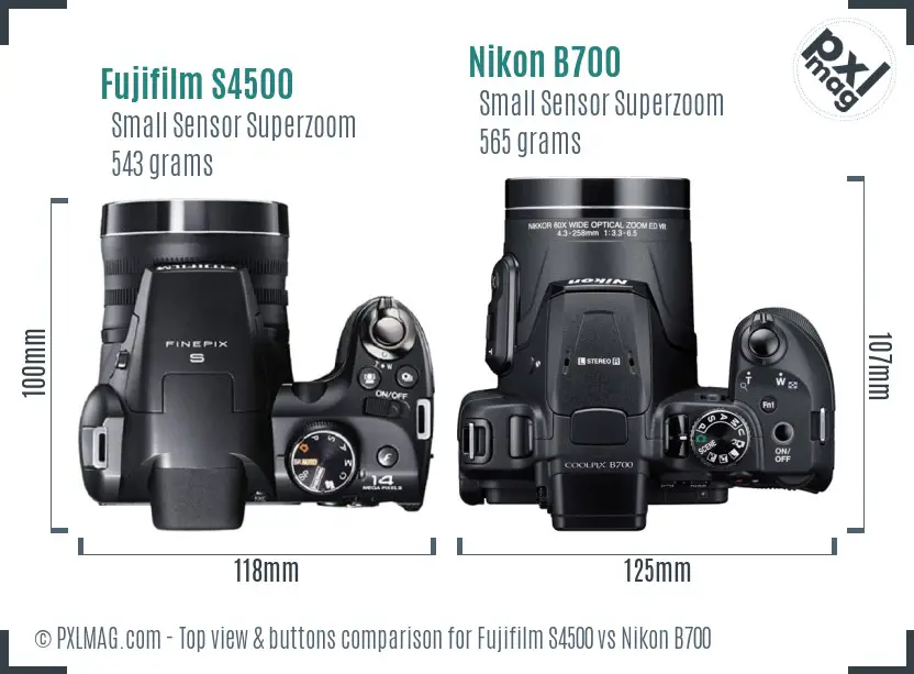 Fujifilm S4500 vs Nikon B700 top view buttons comparison