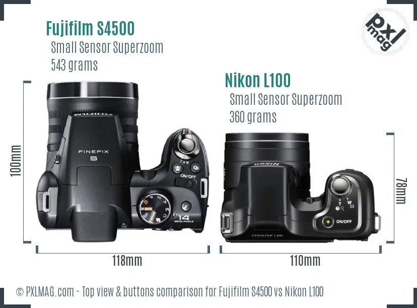 Fujifilm S4500 vs Nikon L100 top view buttons comparison Fujifilm S4500 vs Nikon L100 top view buttons comparison