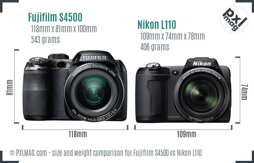 Fujifilm S4500 vs Nikon L110 size comparison