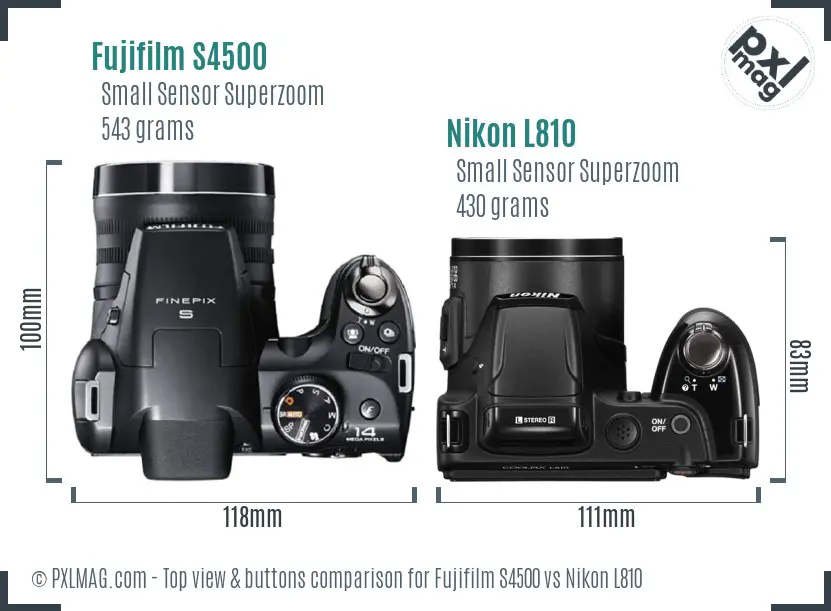 Fujifilm S4500 vs Nikon L810 top view buttons comparison