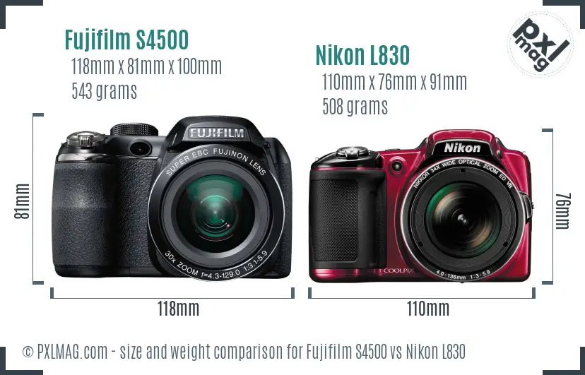 Fujifilm S4500 vs Nikon L830 size comparison
