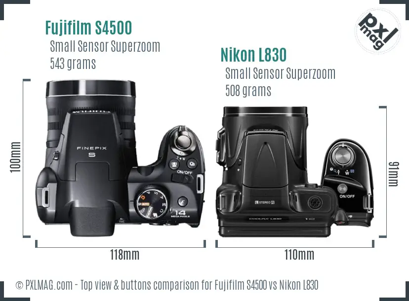 Fujifilm S4500 vs Nikon L830 top view buttons comparison