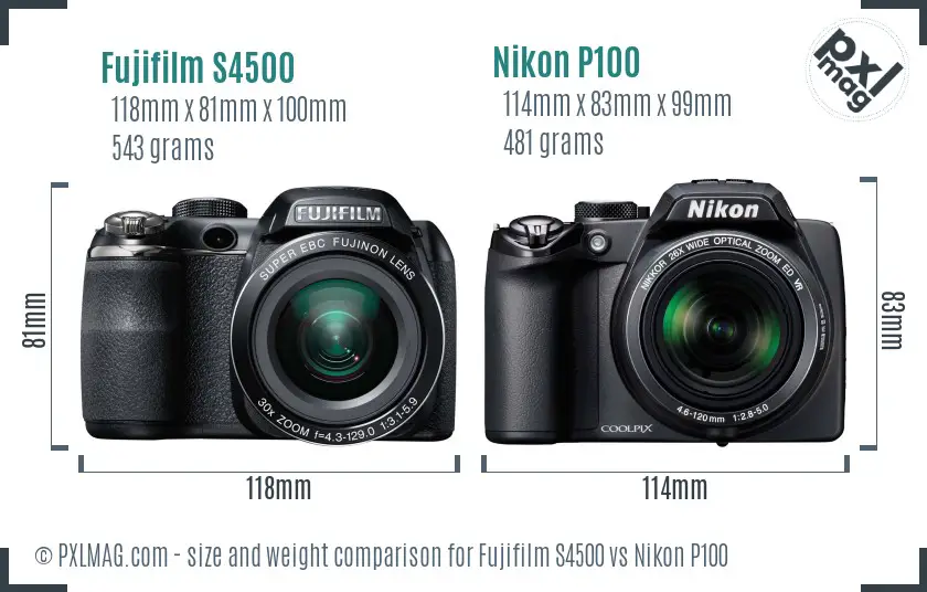 Fujifilm S4500 vs Nikon P100 size comparison Fujifilm S4500 vs Nikon P100 size comparison