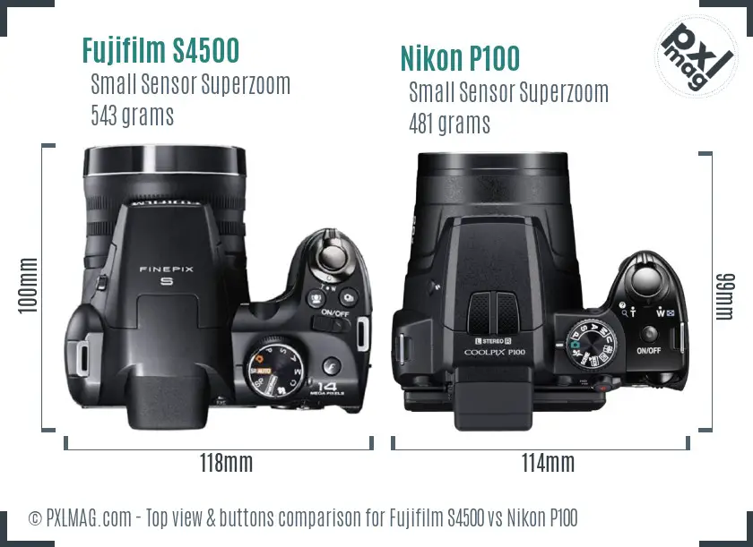 Fujifilm S4500 vs Nikon P100 top view buttons comparison Fujifilm S4500 vs Nikon P100 top view buttons comparison