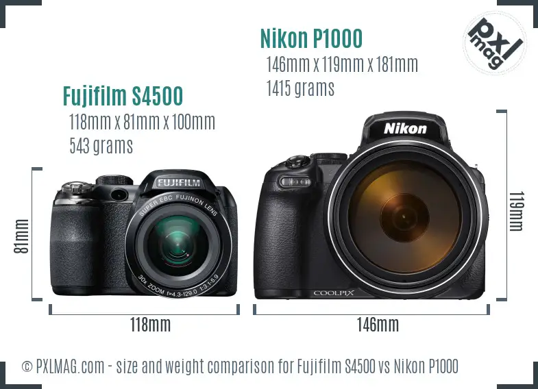 Fujifilm S4500 vs Nikon P1000 size comparison