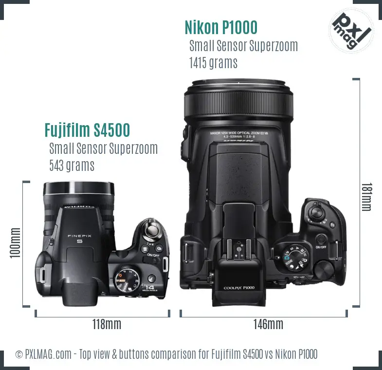Fujifilm S4500 vs Nikon P1000 top view buttons comparison