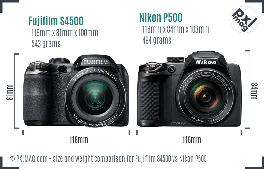 Fujifilm S4500 vs Nikon P500 size comparison Fujifilm S4500 vs Nikon P500 size comparison