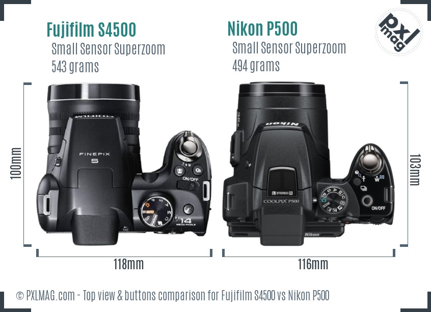 Fujifilm S4500 vs Nikon P500 top view buttons comparison