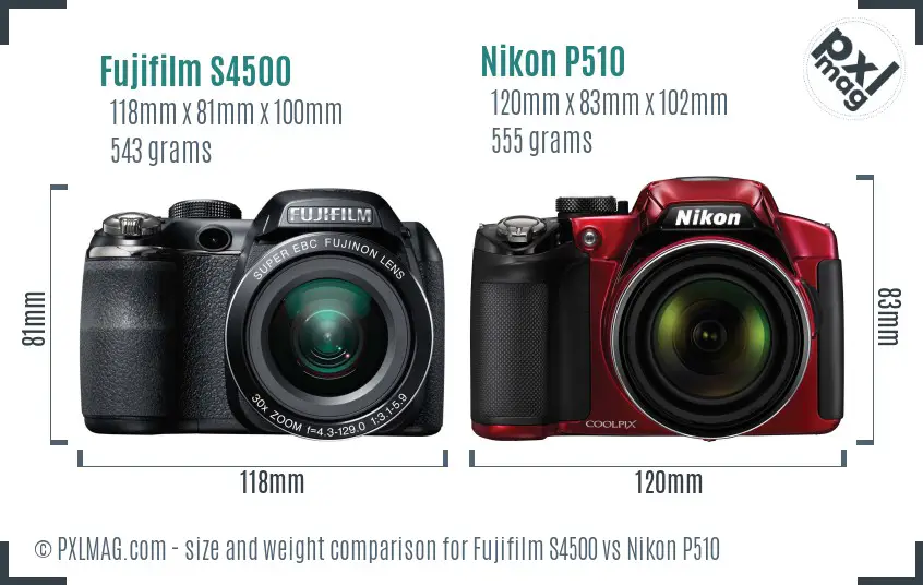 Fujifilm S4500 vs Nikon P510 size comparison