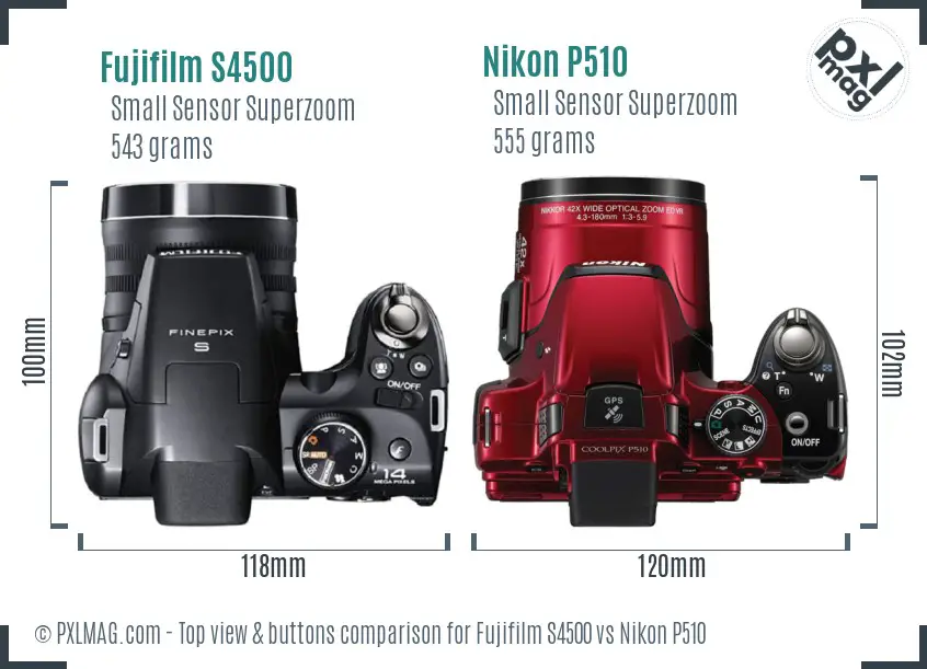 Fujifilm S4500 vs Nikon P510 top view buttons comparison
