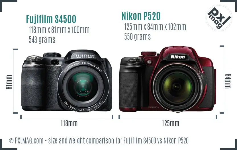 Fujifilm S4500 vs Nikon P520 size comparison Fujifilm S4500 vs Nikon P520 size comparison