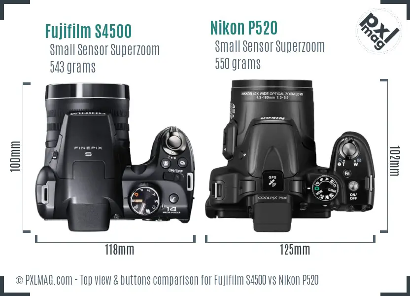 Fujifilm S4500 vs Nikon P520 top view buttons comparison Fujifilm S4500 vs Nikon P520 top view buttons comparison