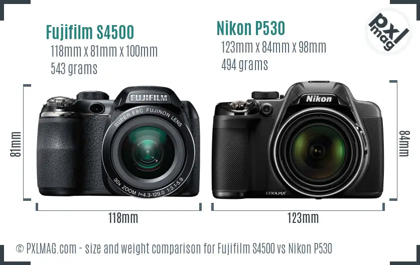 Fujifilm S4500 vs Nikon P530 size comparison